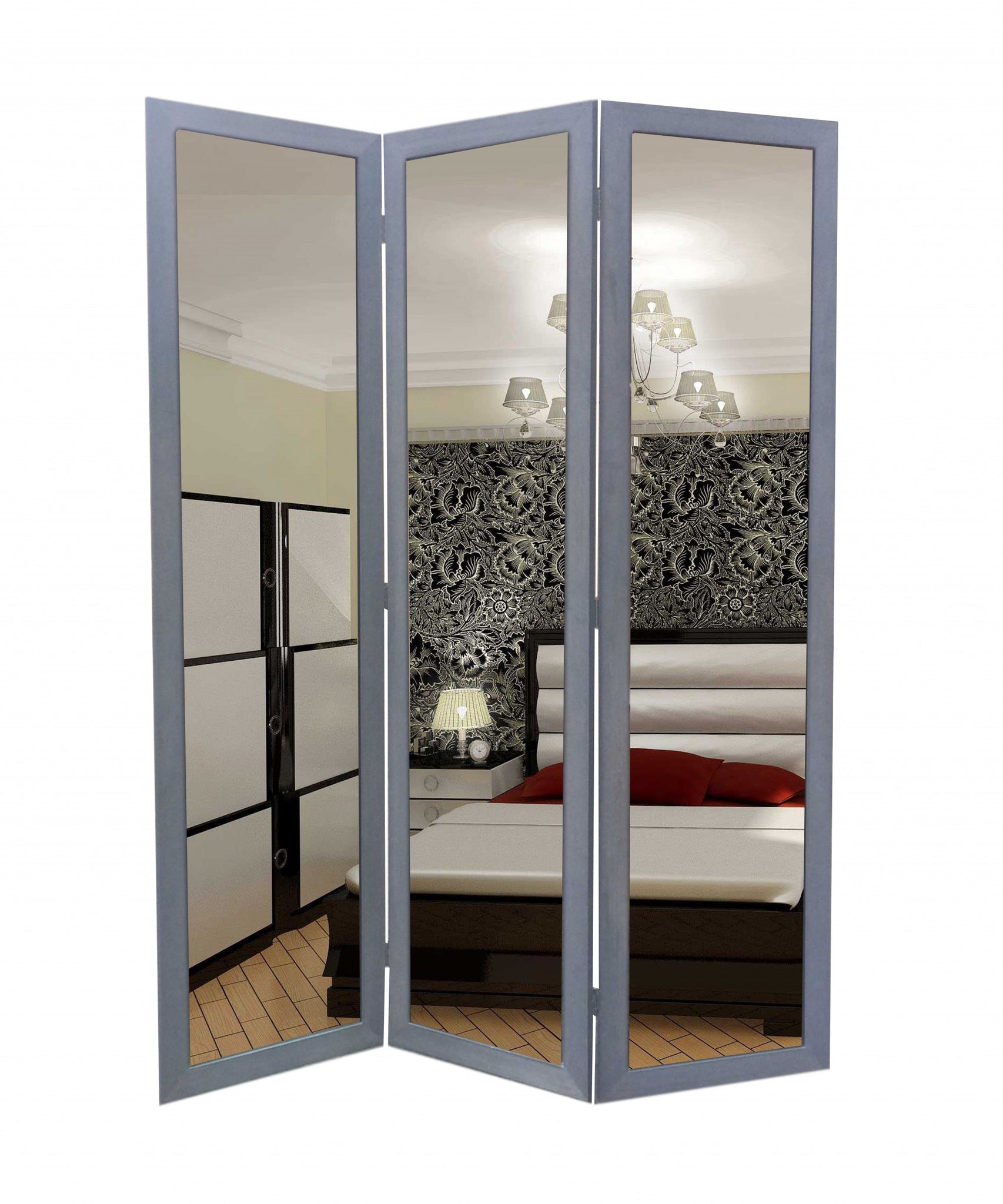 1 x 50 x 69 Gray Glass & Wood Mirror  Screen