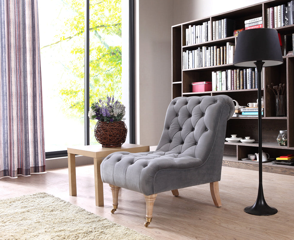 36' Grey Foam  Wood  and Velour Tufted Accent Chair