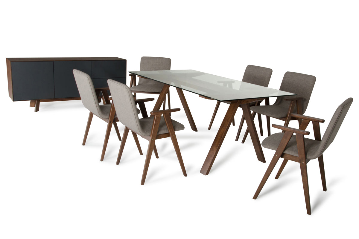 30' Walnut Wood  Veneer  MDF  and Glass Dining Set