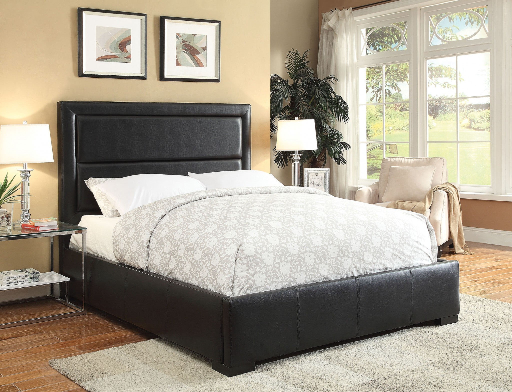 Queen Bed, Black PU - PU, Wood Frame, Black PU