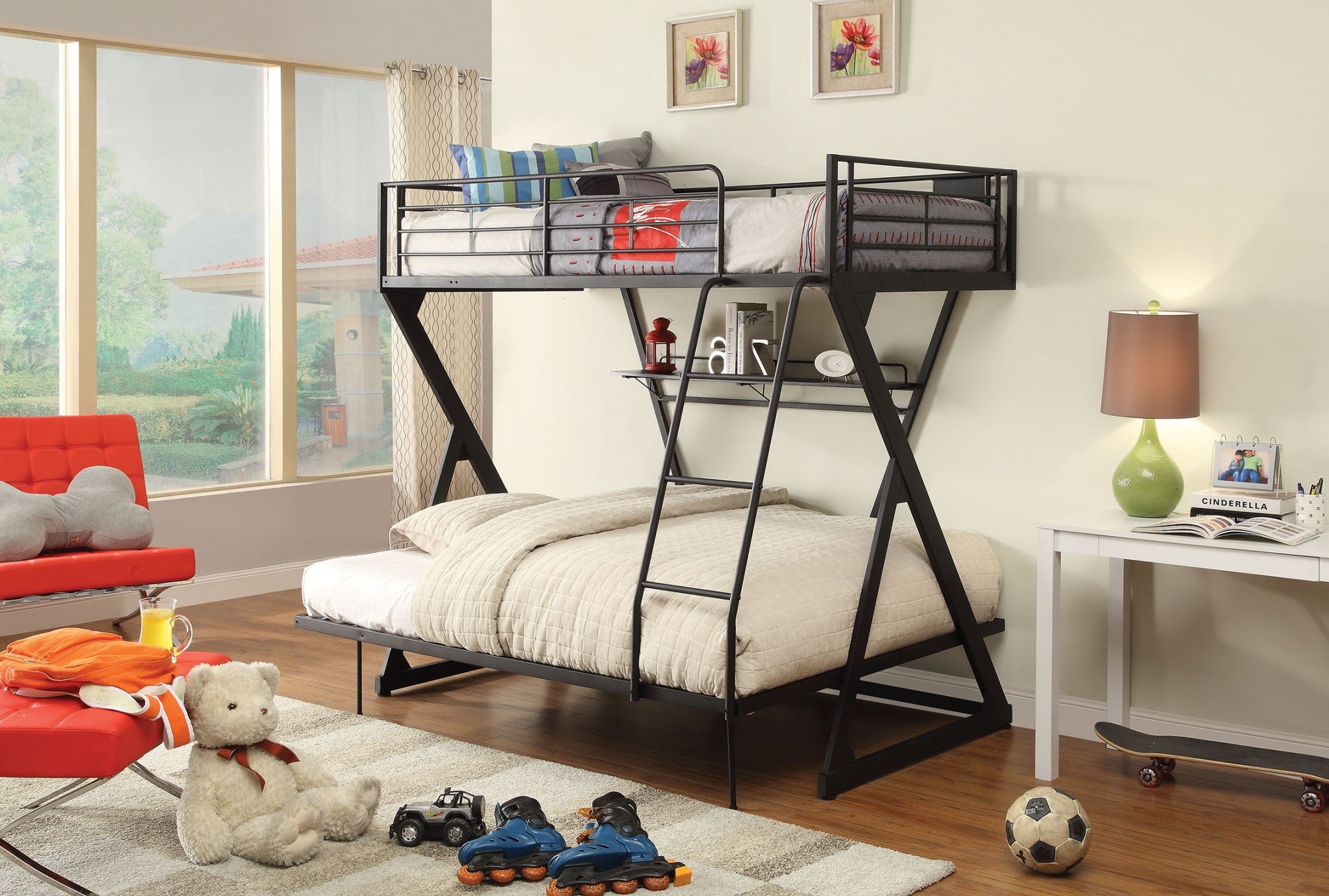 Twin/Full Bunk Bed with Bookshelf, Sandy Black - Steel Tube, MDF, PVC Sandy Black