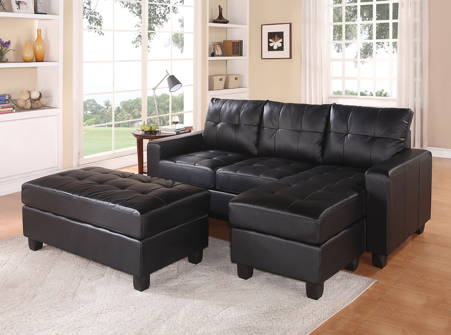 83' X 57' X 35' Black Bonded Leather Match Sectional Sofa With Ottoman