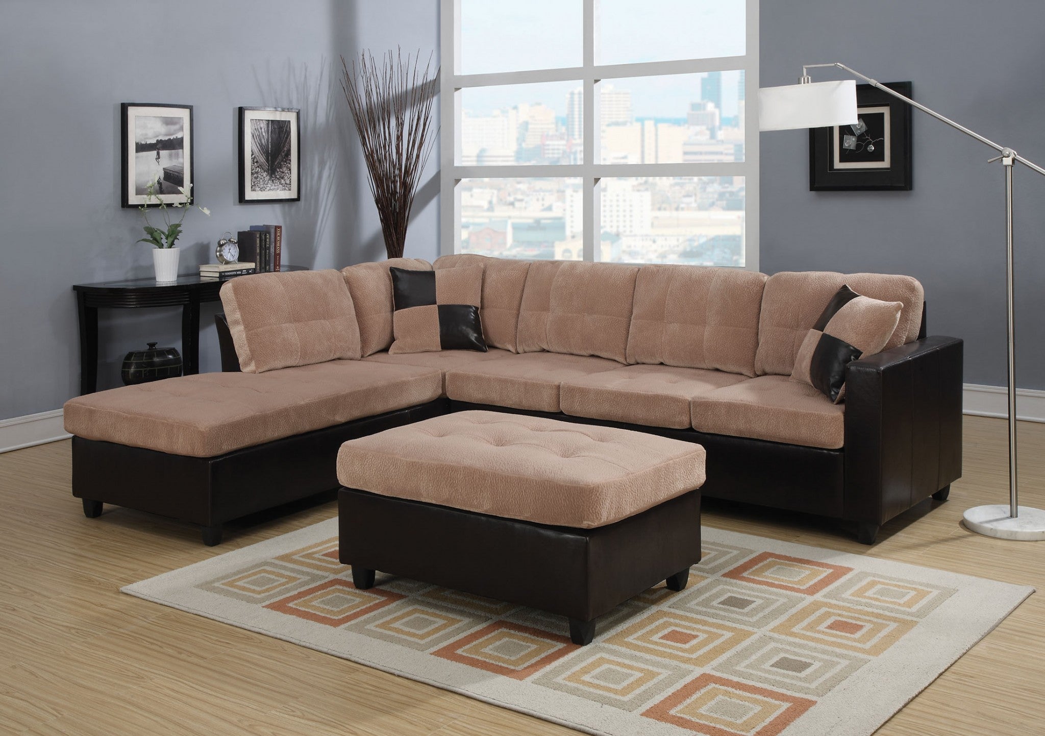 Ottoman, Camel Champion & Espresso PU - Wood & Plywood Frame, Cha Camel Champion & Espresso PU