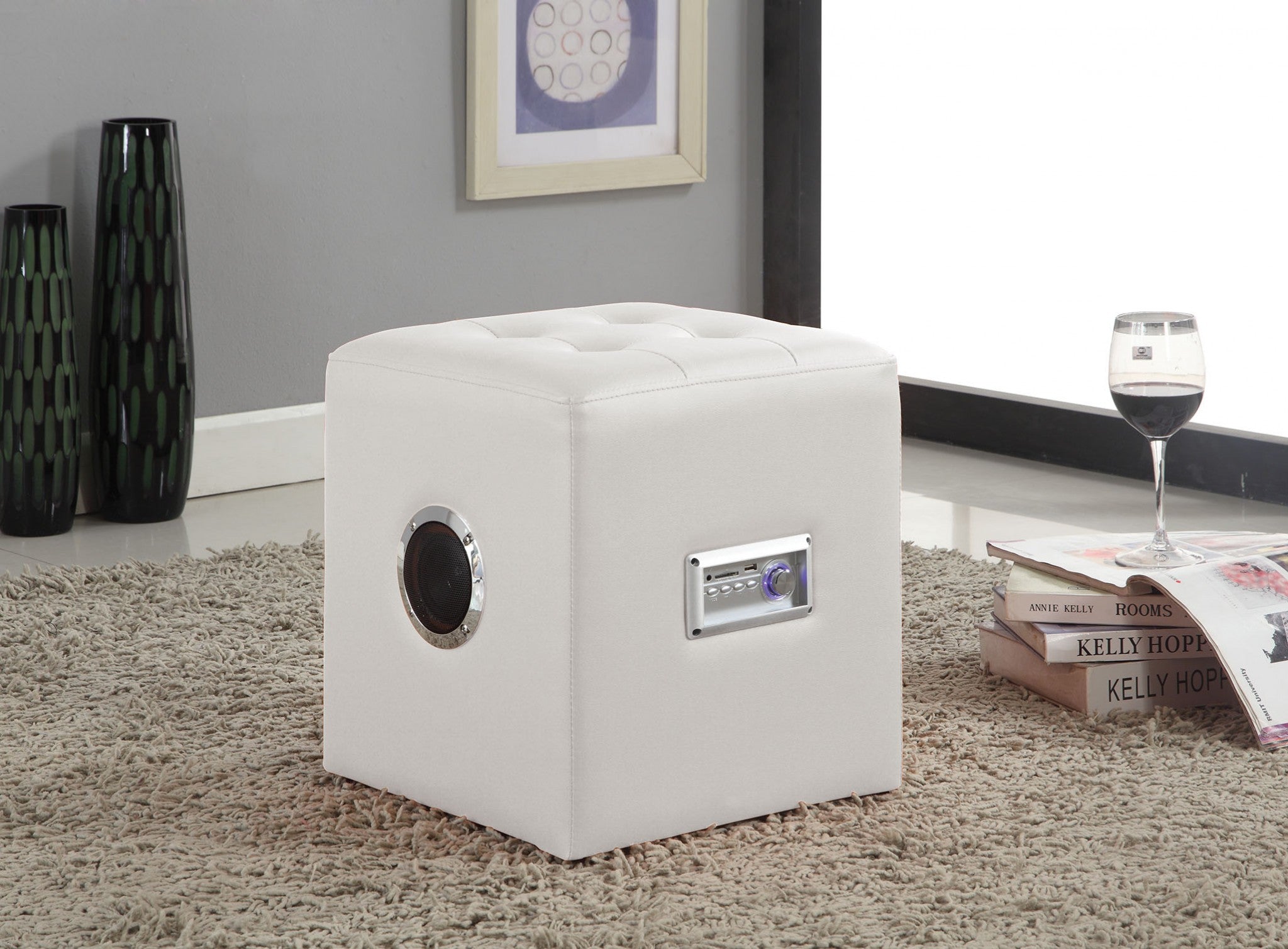 Lounge Ottoman with Bluetooth Speaker, White PU - PU, FR Foam White PU