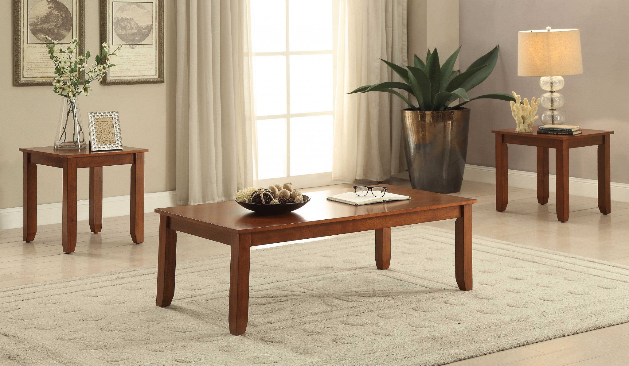 48" X 24" X 16" 3pc Cherry Coffee And End Table Set