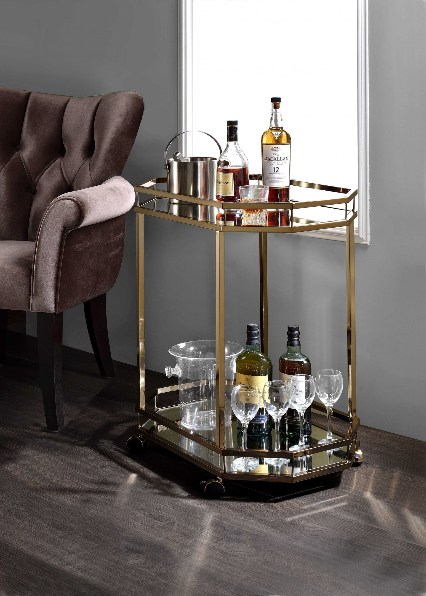 23' X 21.5' X 32.5' Clear Glass And Gold Serving Cart