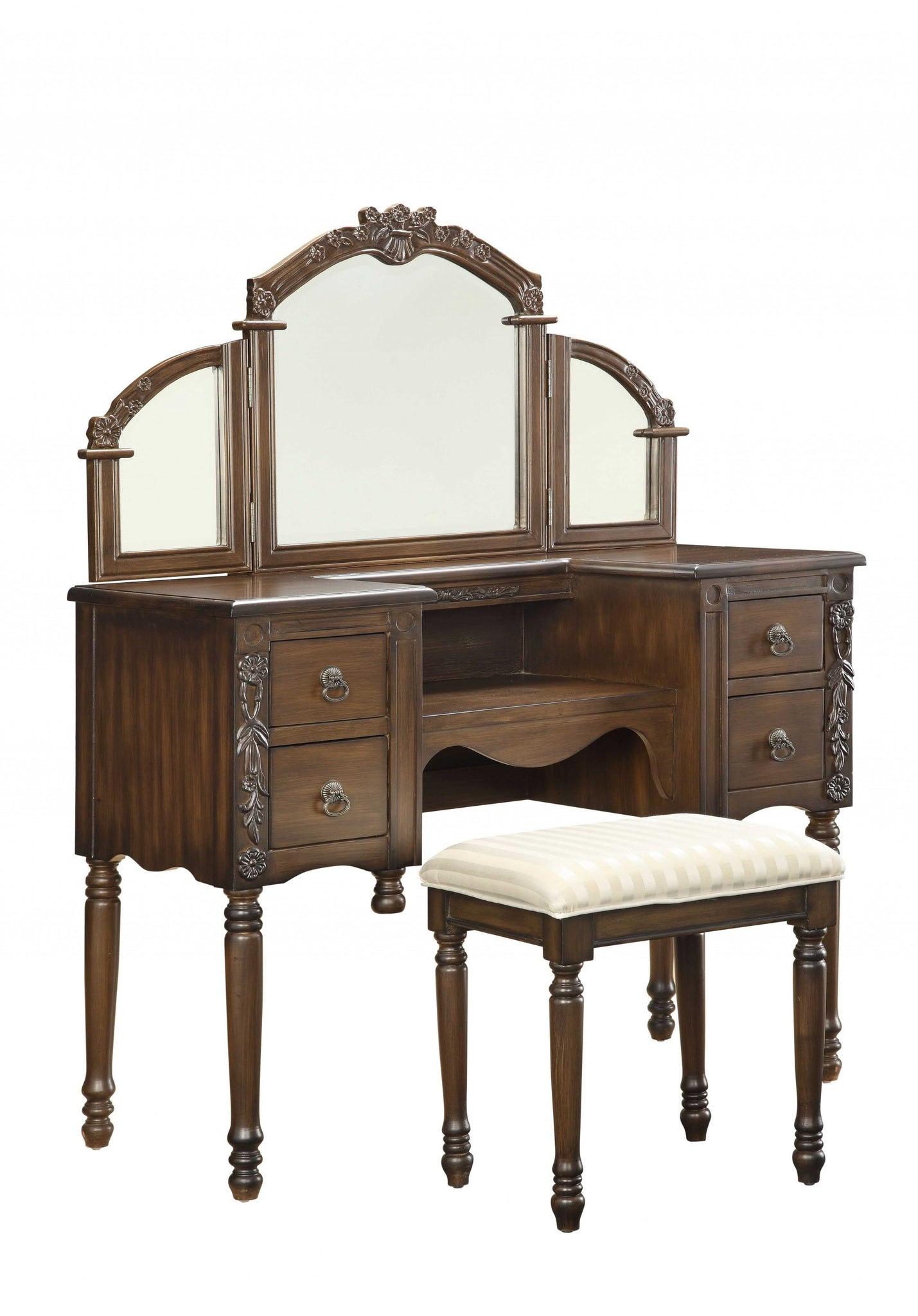 Dark Brown Finish Vanity Table with Mirror