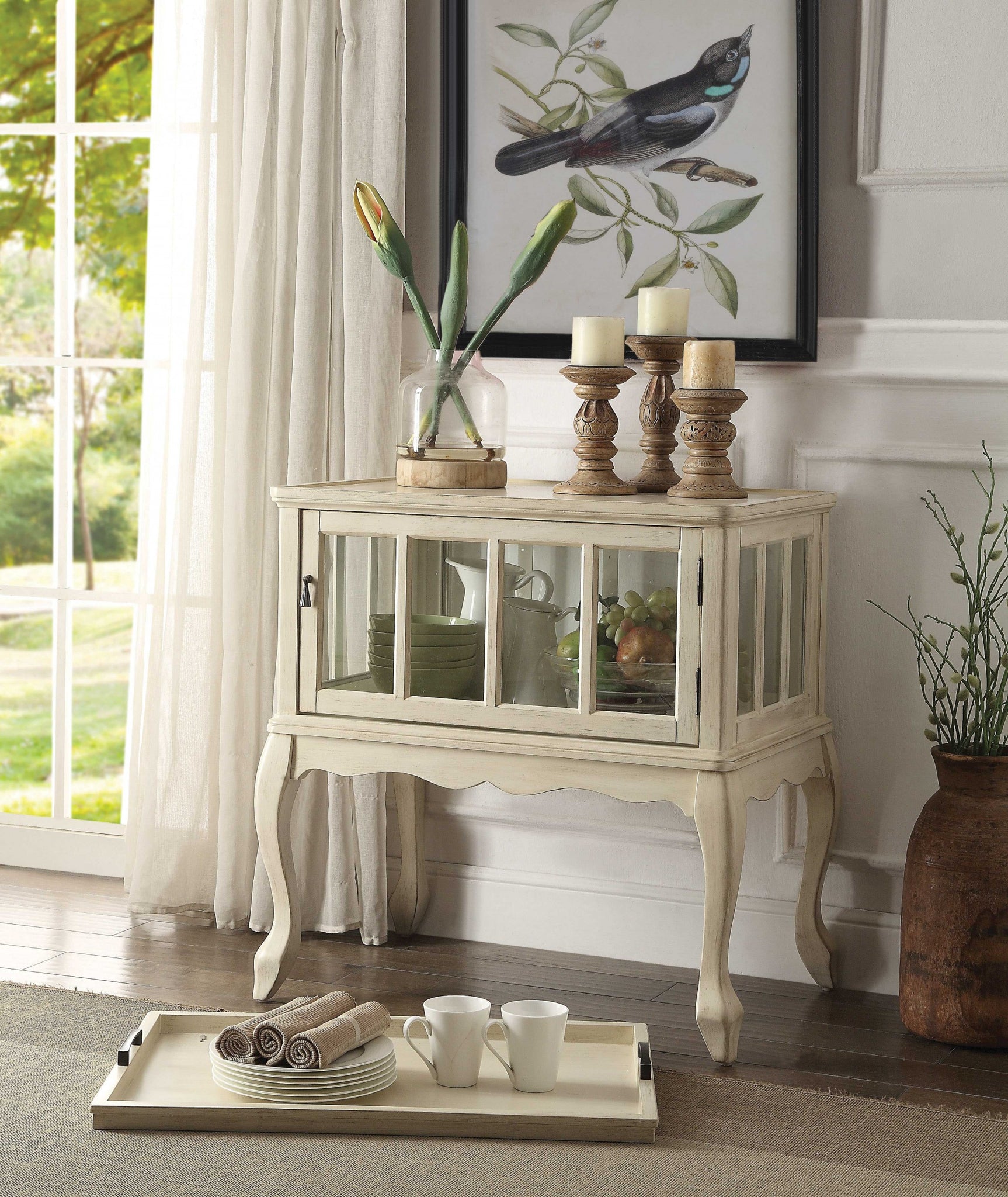 28' X 19' X 31' Antique White Wood Console Table  Tray