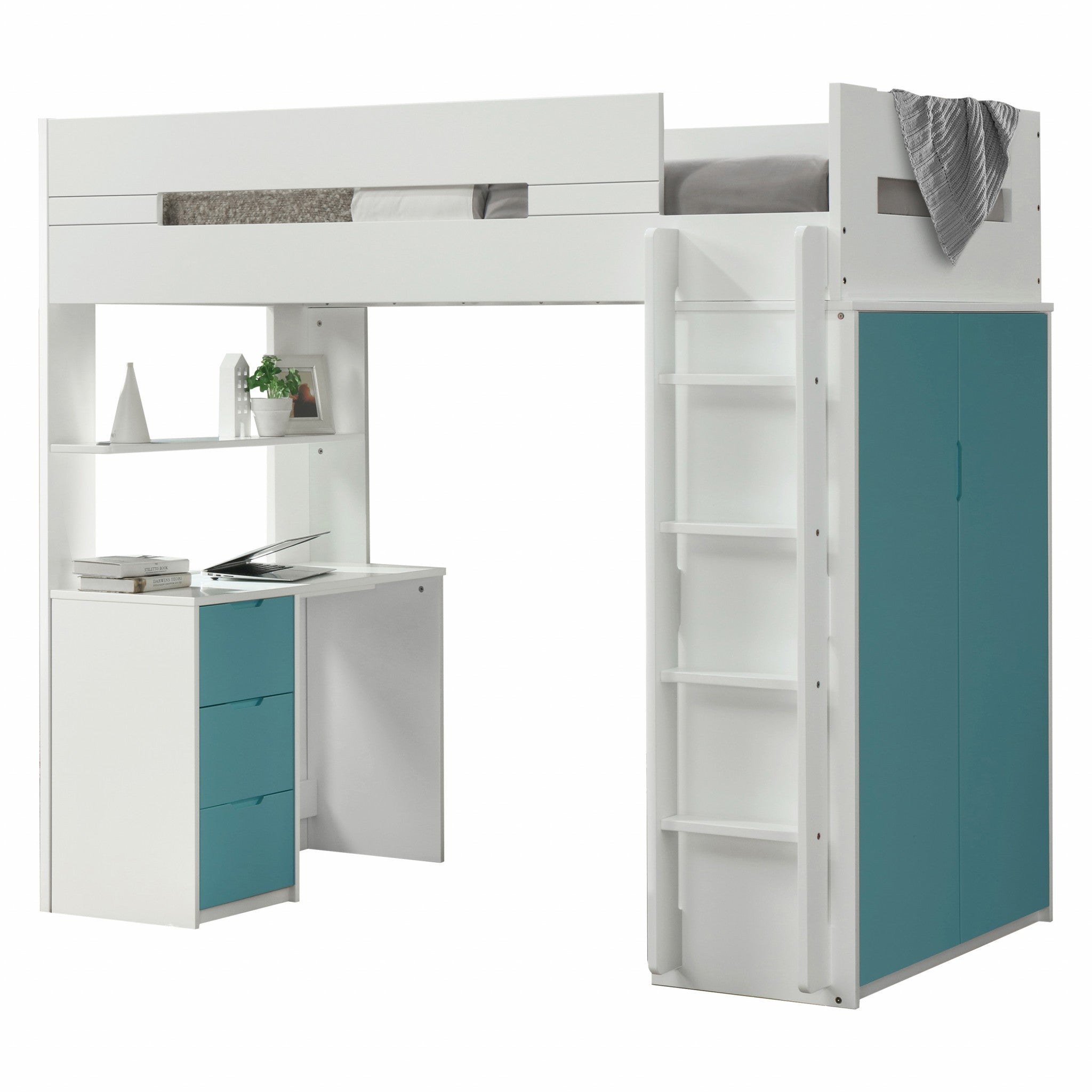 White and Teal Twin Loft Bed and Desk