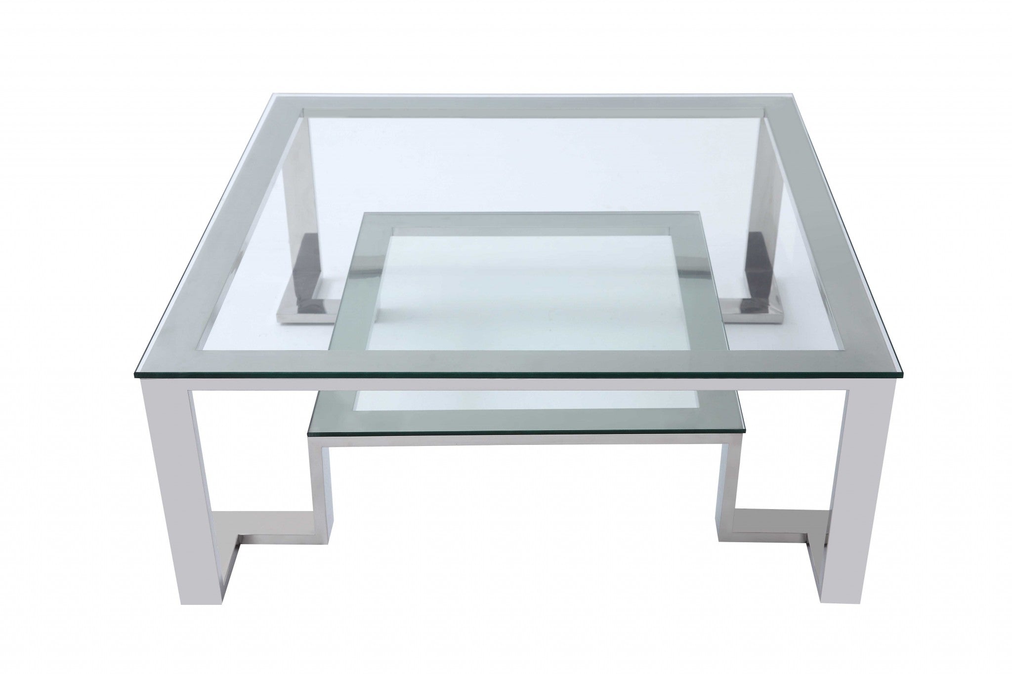 Square Clear Glass Coffee Table with Stainless Steel Base