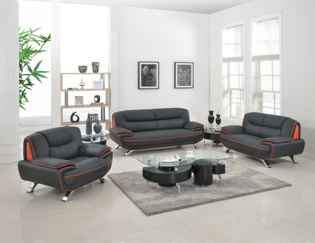 115" Sleek Black Leather Sofa Set