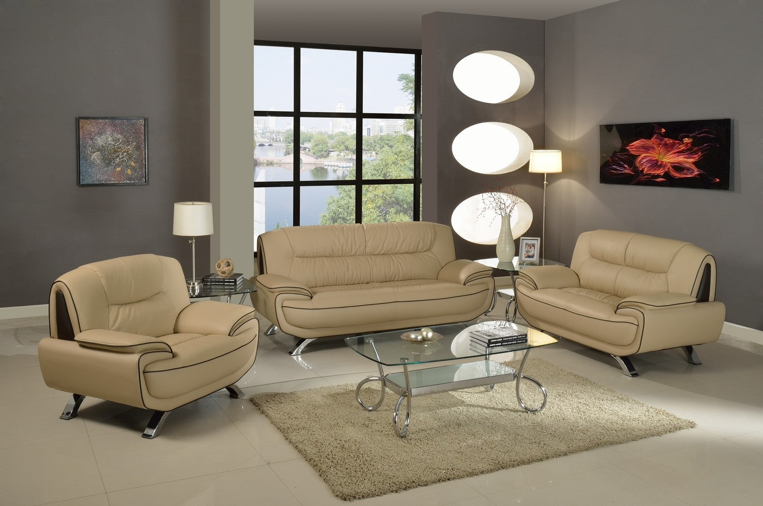 110" Sleek Beige Sofa Set