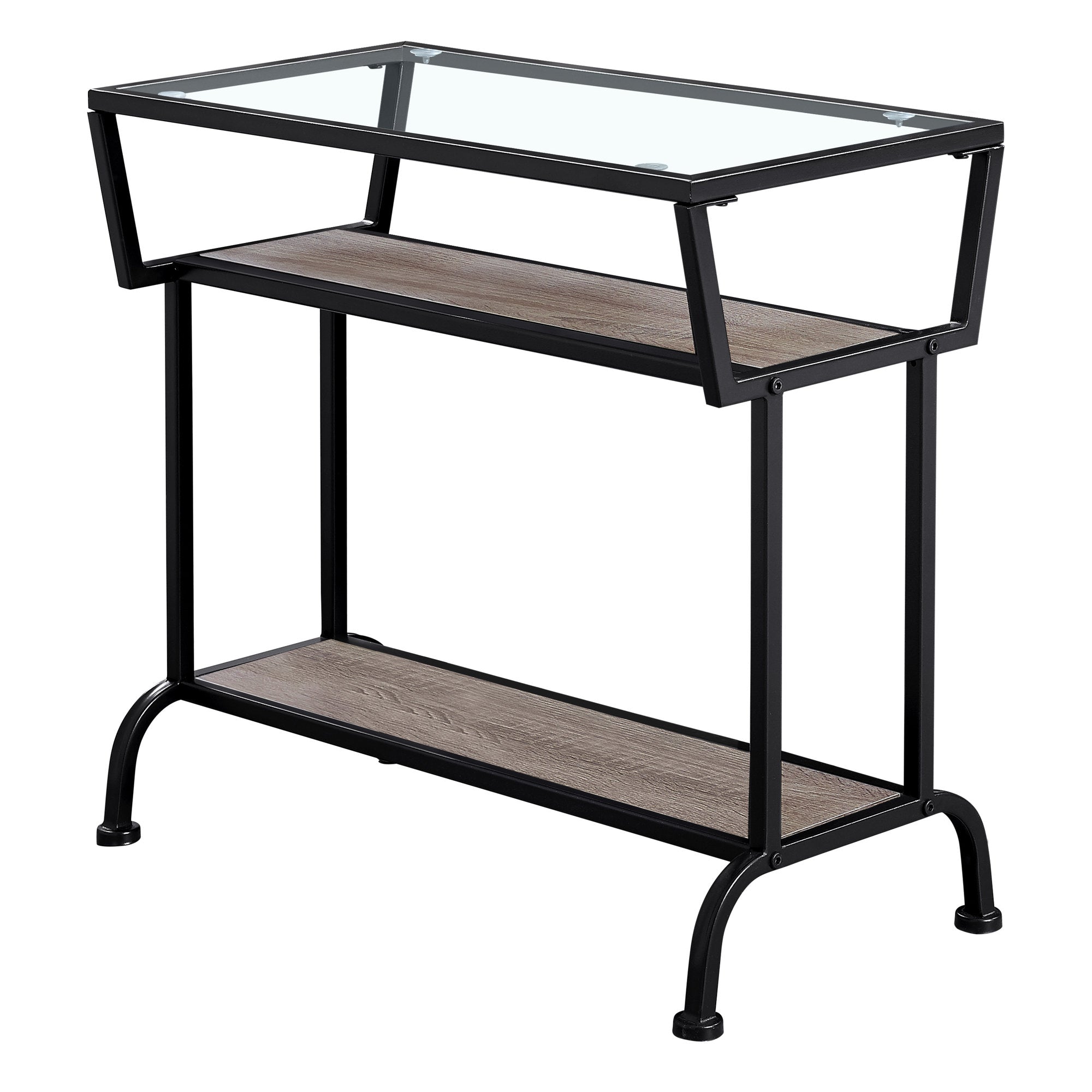 12" x 24" x 22" Dark Taupe with Black Coated  Metal and Clea  Tempered Glass  Accent Table