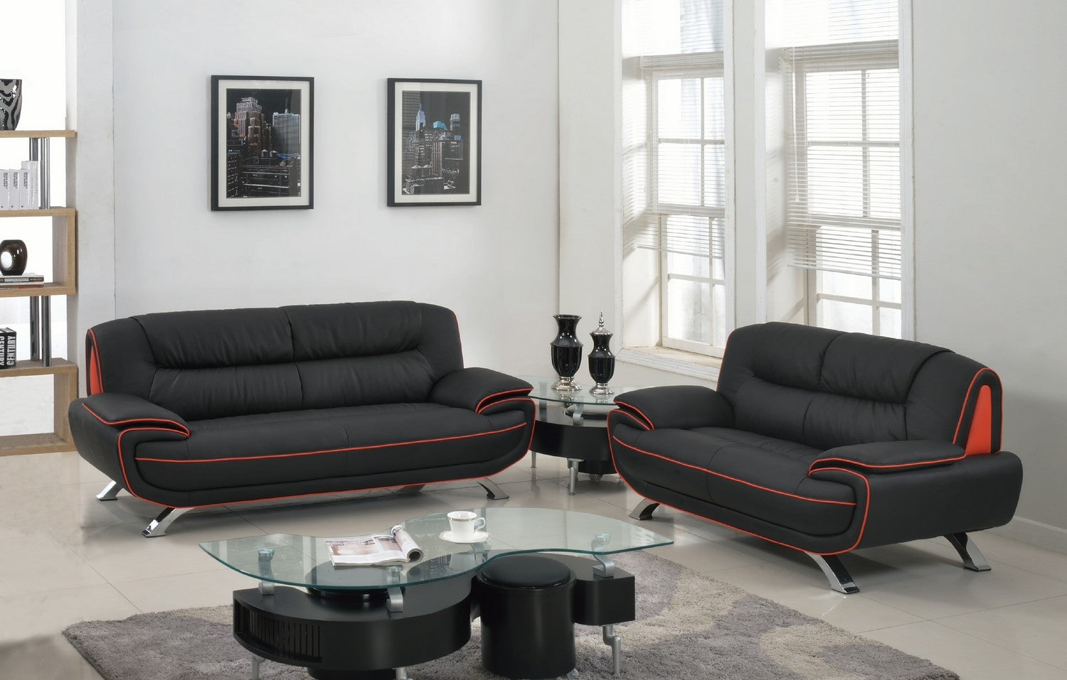 67'' X 35''  X 35'' Modern Black Leather Sofa And Loveseat