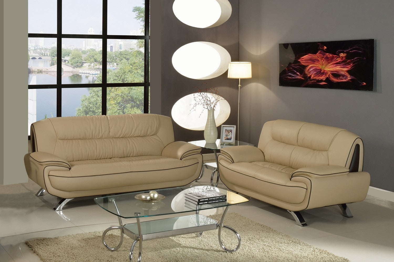 67'' X 35''  X 35'' Modern Beige Leather Sofa And Loveseat