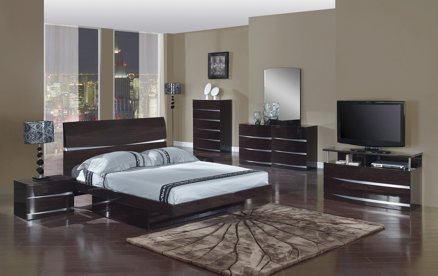 80" X 60"  X 42.5" 4pc Queen Modern Wenge High Gloss Bedroom Set