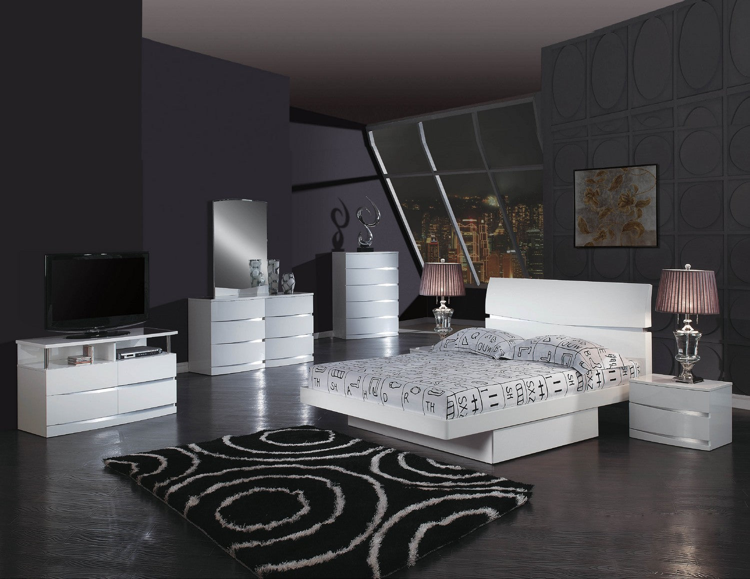 60" X 80"  X 42.5" 4pc Queen Modern White High Gloss Bedroom Set