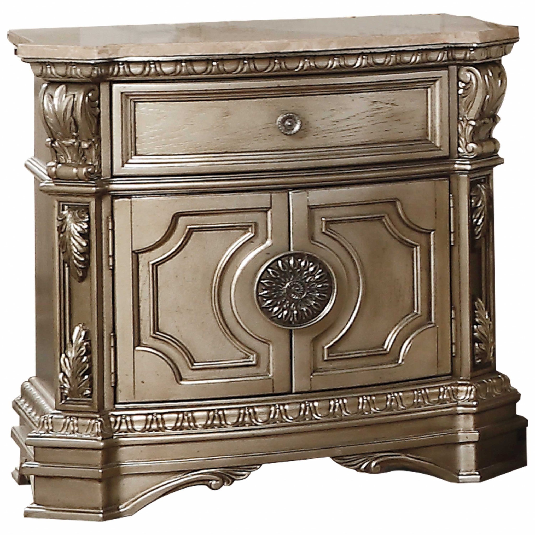 18' X 30' X 29' Antique Champagne Wood Poly Resin Nightstand wMarble Top