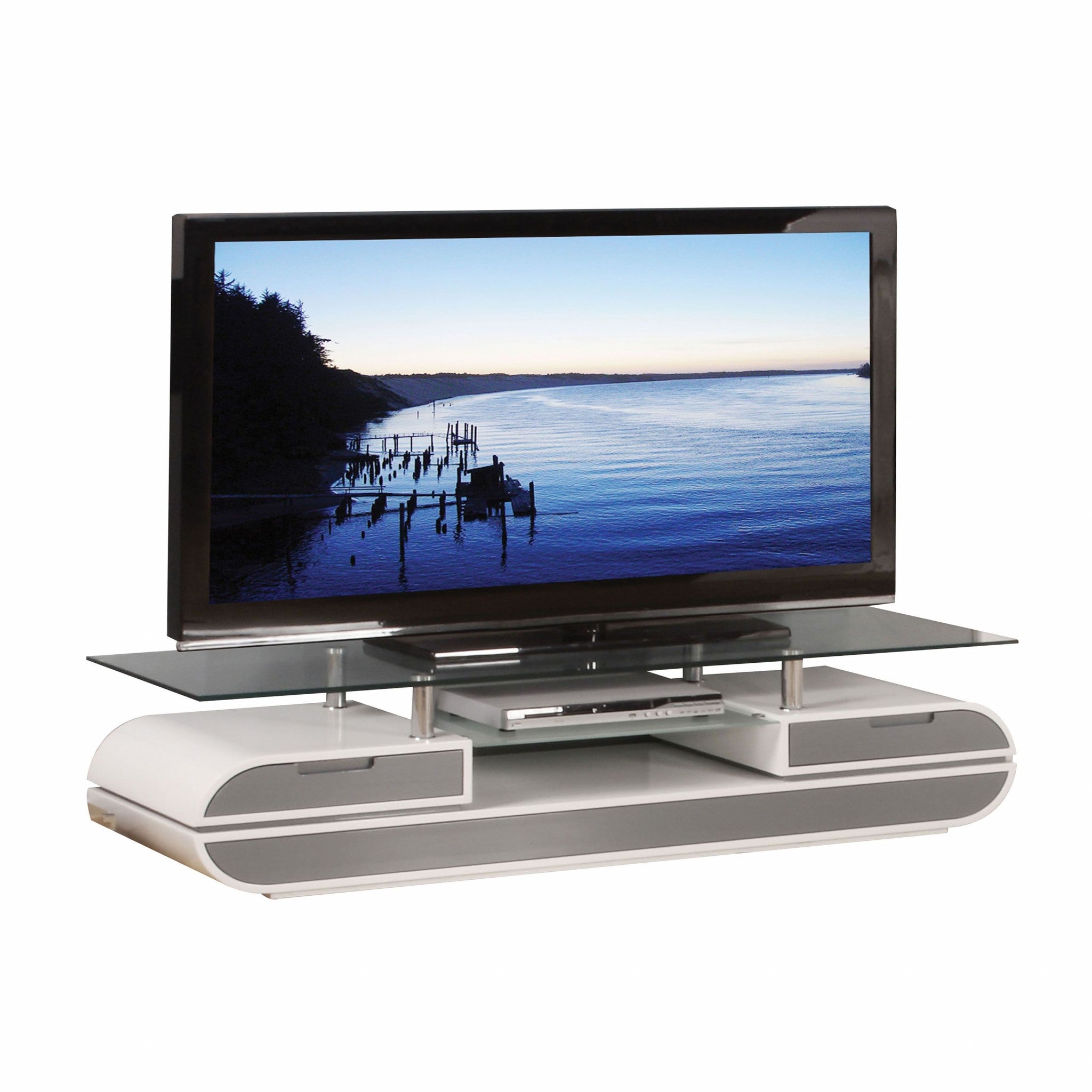 20' X 63' X 16' White Gray Wood Glass Metal Veneer TV Stand