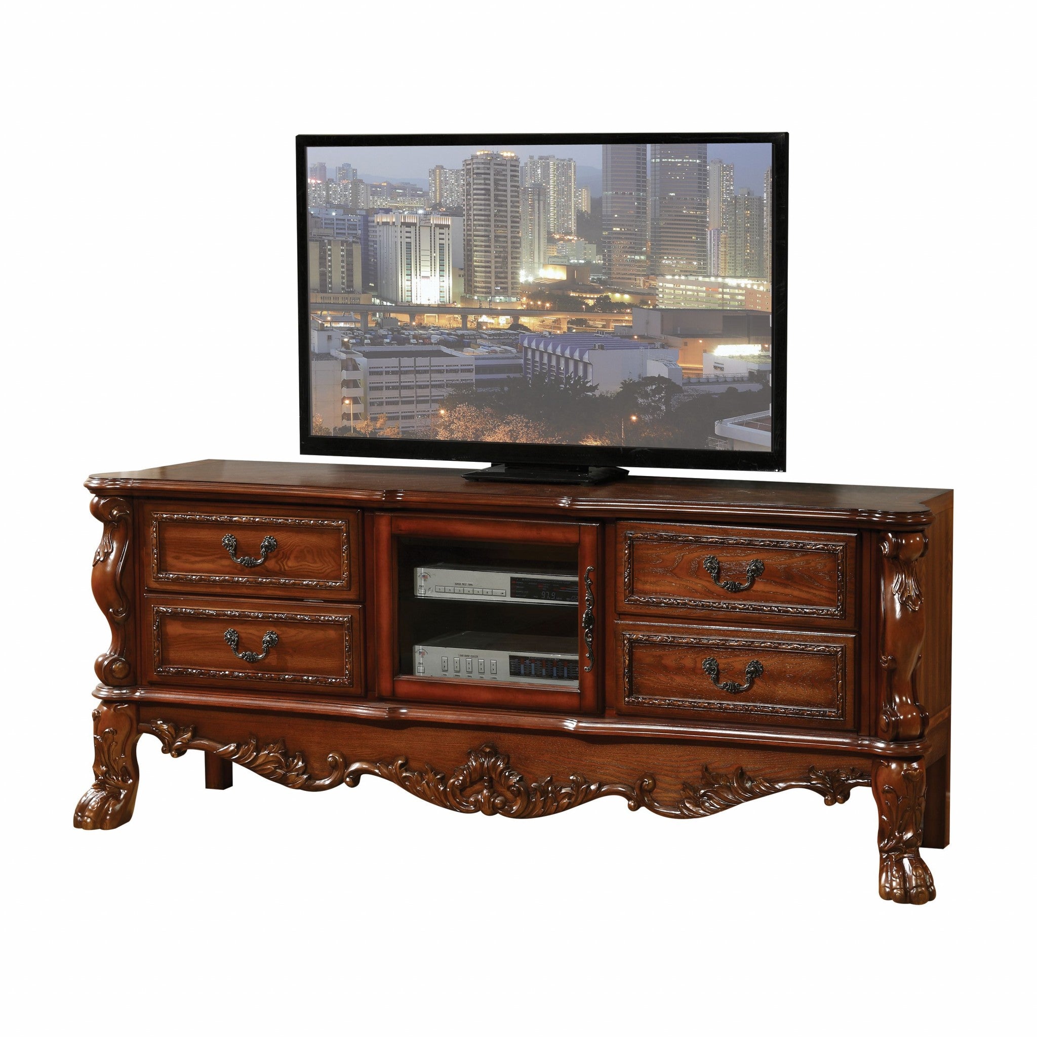 19' X 79' X 31' Cherry Oak Wood Poly Resin Glass TV Console