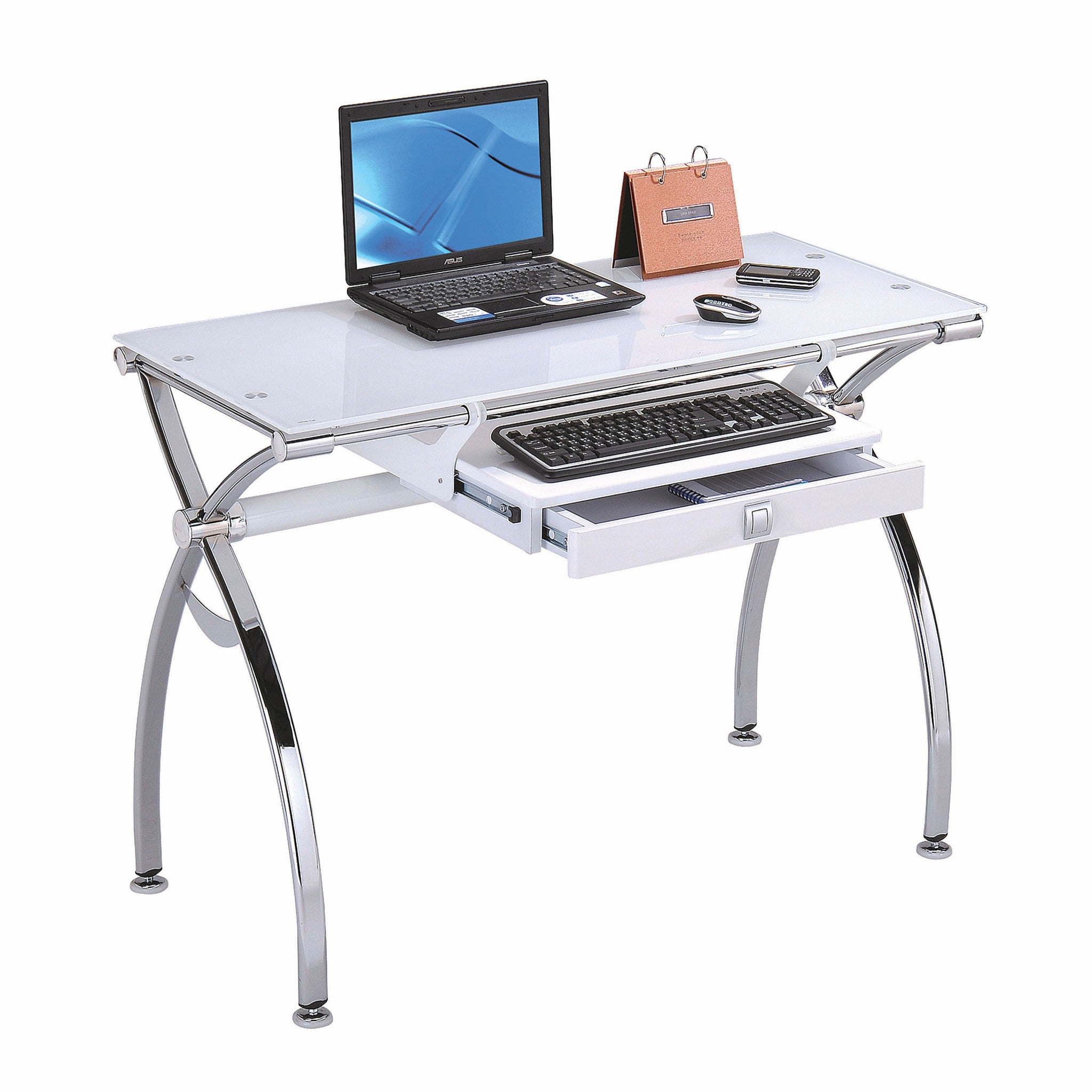 31' X 20' X 43' Metal Glass Wood and Engineered Wood Computer Desk Chrome  White Glass