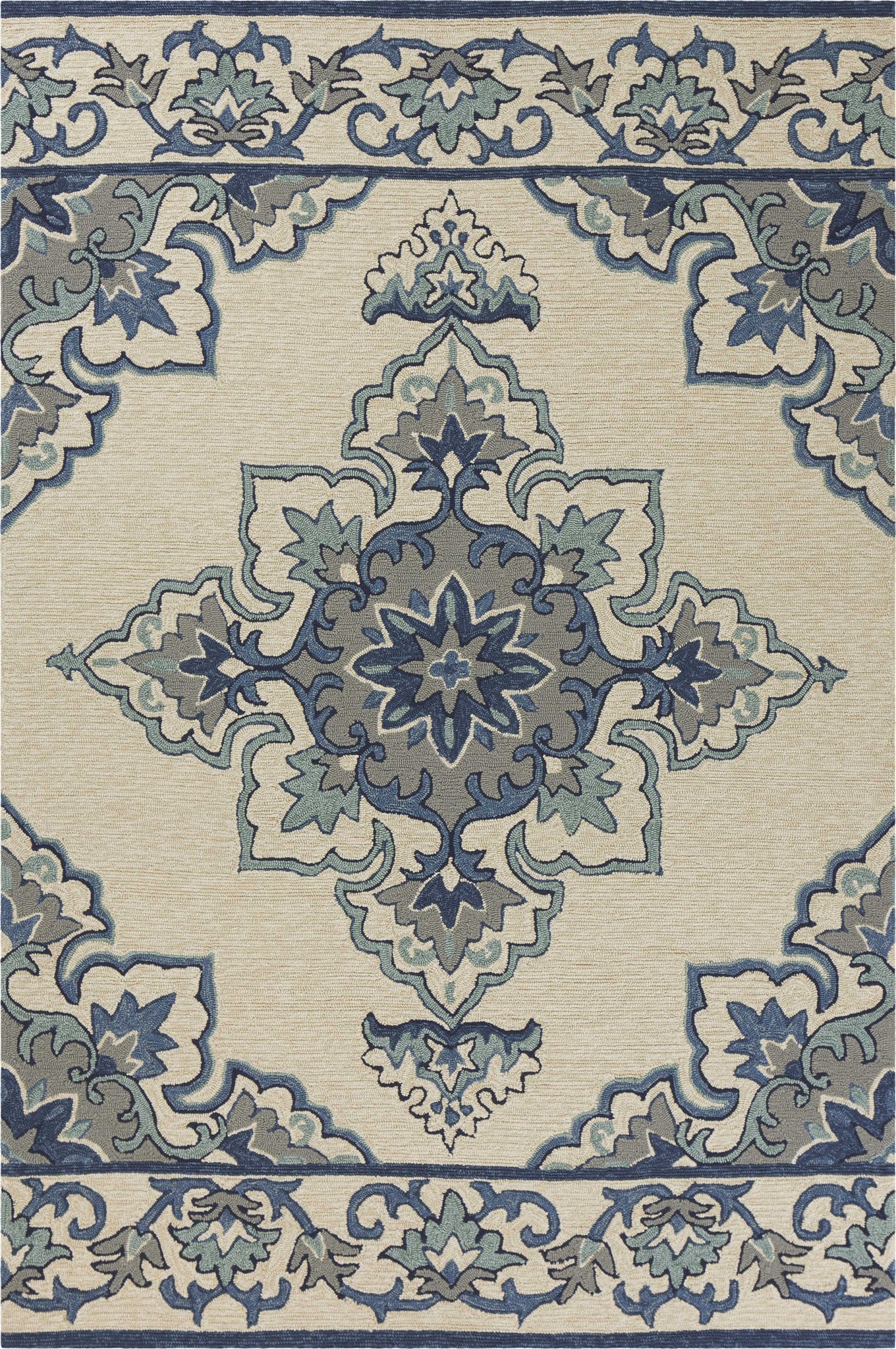 8'x10' Ivory Blue Hand Hooked UV Treated Floral Medallion Indoor Outdoor Area Rug