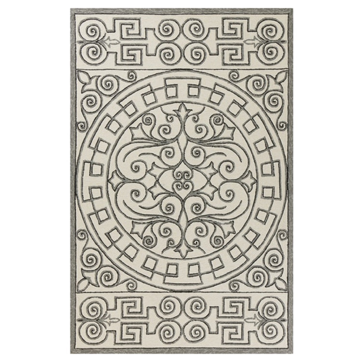 8'x10' Ivory Grey Hand Woven UV Treated Greek Key Medallion Indoor Outdoor Area Rug