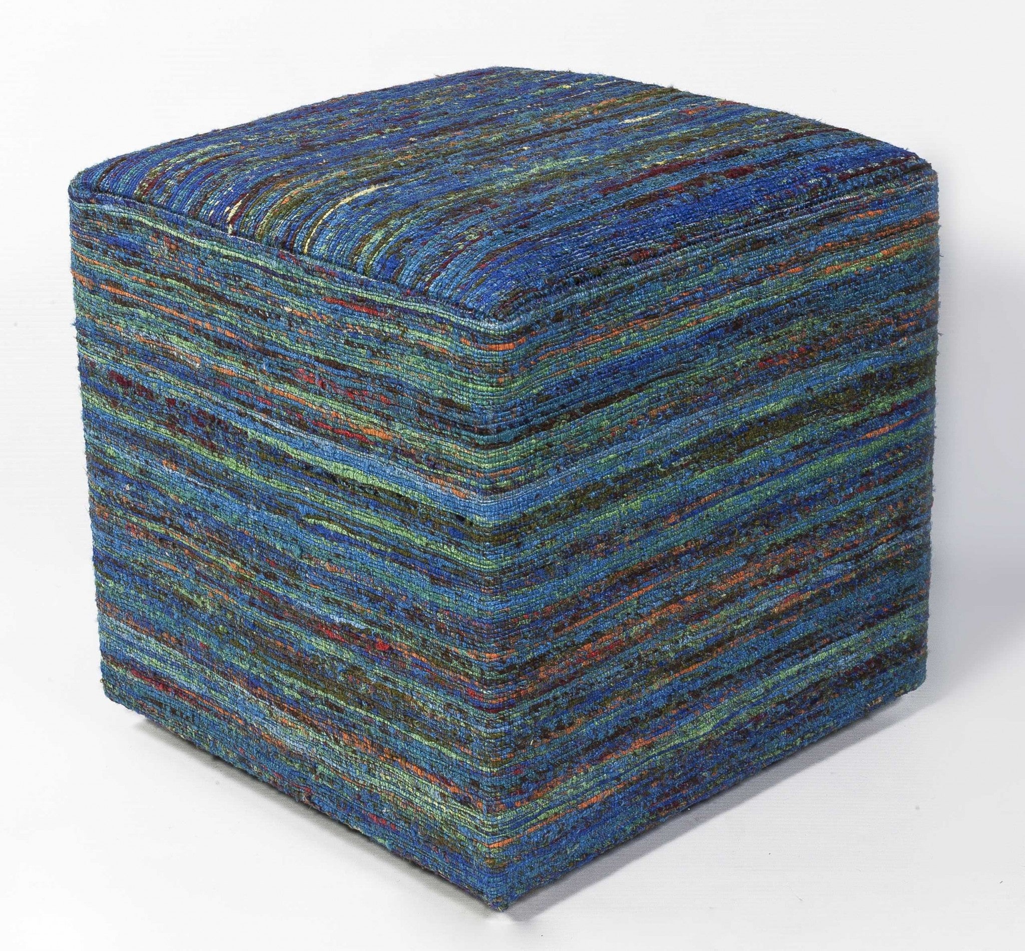 Aqua Blue Hand Woven Wool Square Pouf With Abstract Lines Pattern