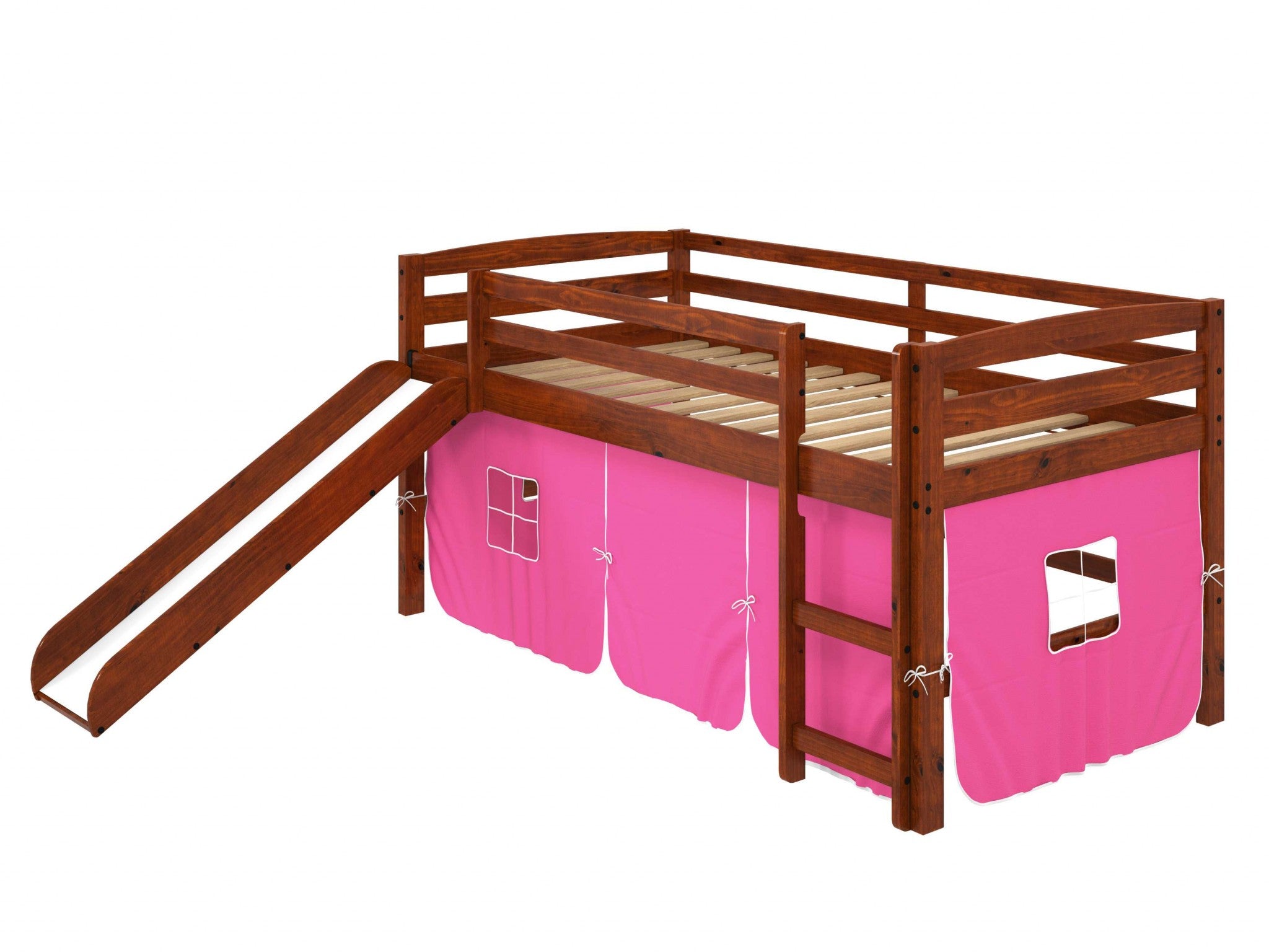 Brown Wooden Pink Tent Low Loft Bed with Slide