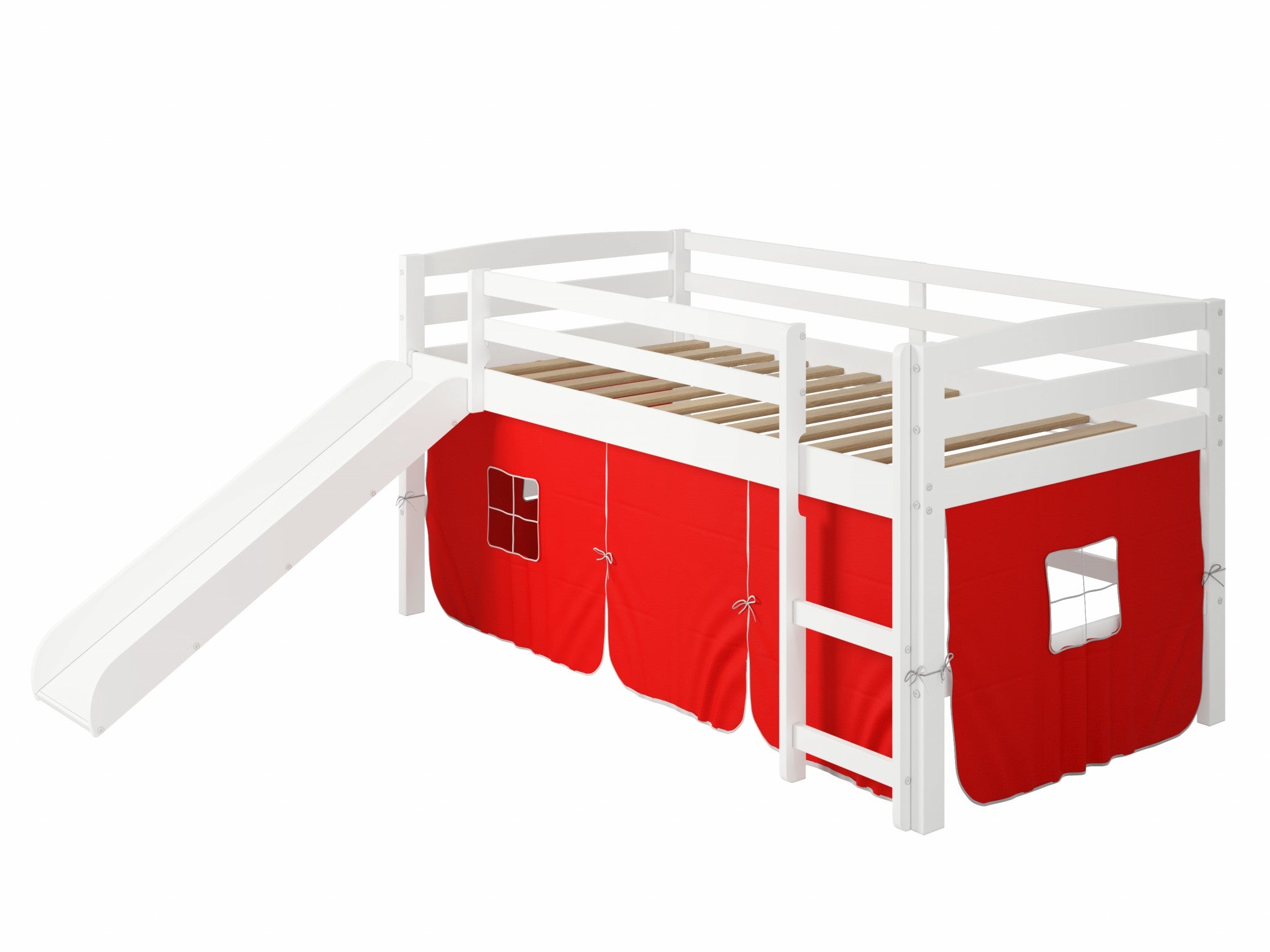 White Wooden Red Tent Low Loft Bed with Slide