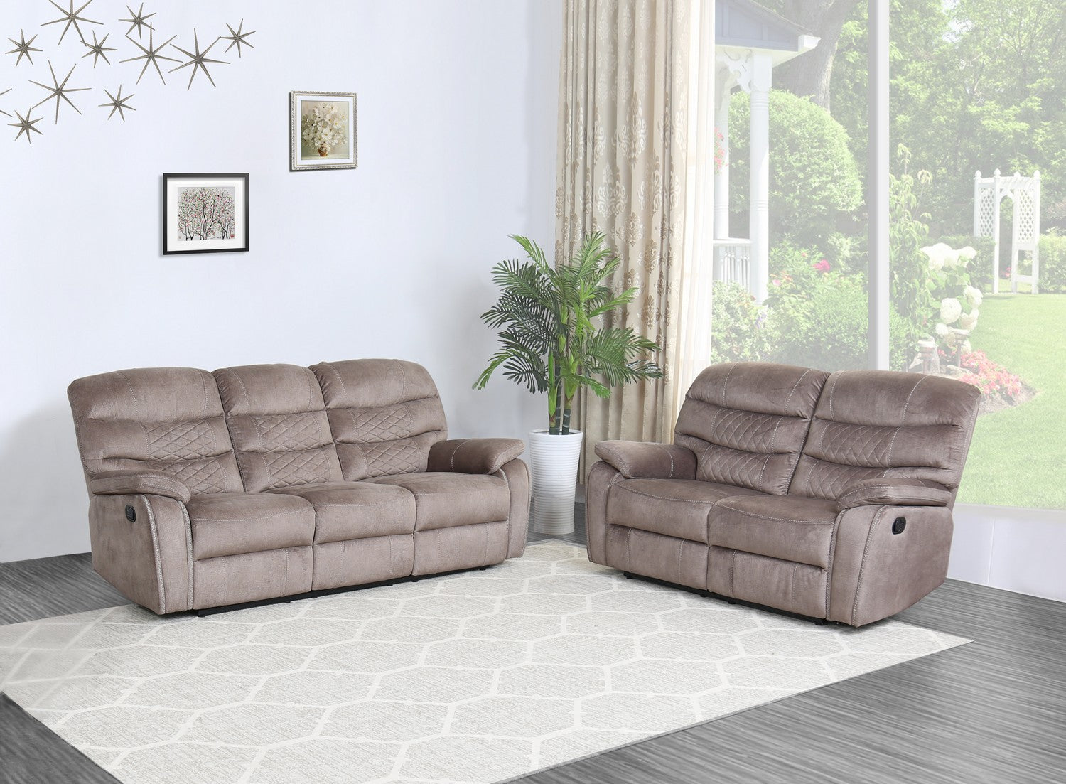 Two Piece Light Brown Microfiber Reclining Sofa Set