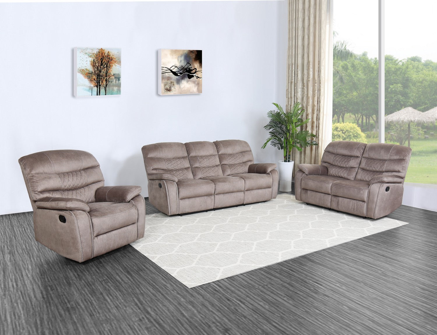 Three Piece Light Brown Microfiber Reclining Sofa Set