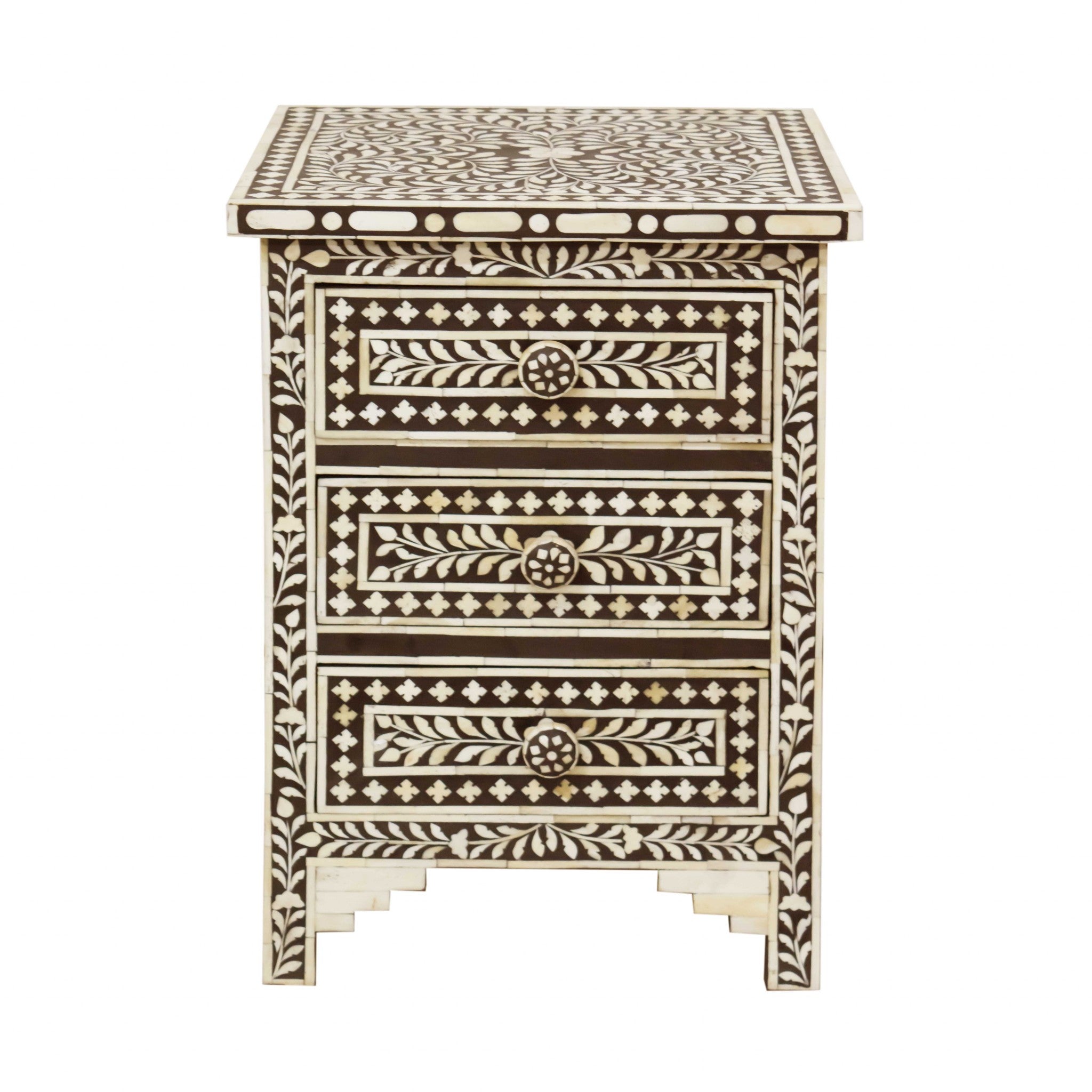 Moroccan Brown and White Bone 3 Drawer Accent Cabinet