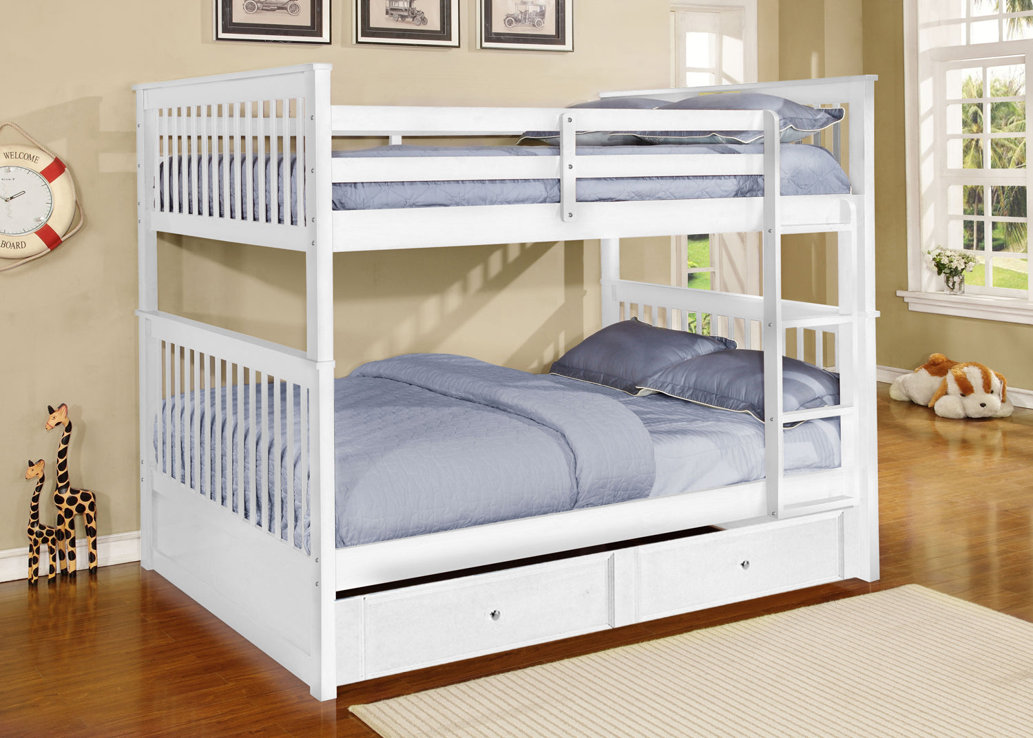 White Finish Full over Full Bunk Bed with Trundle Storage