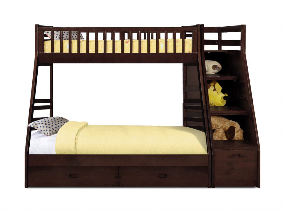 Brown Finish Twin over Twin Staircase Bunk Bed with Trundle and Storage