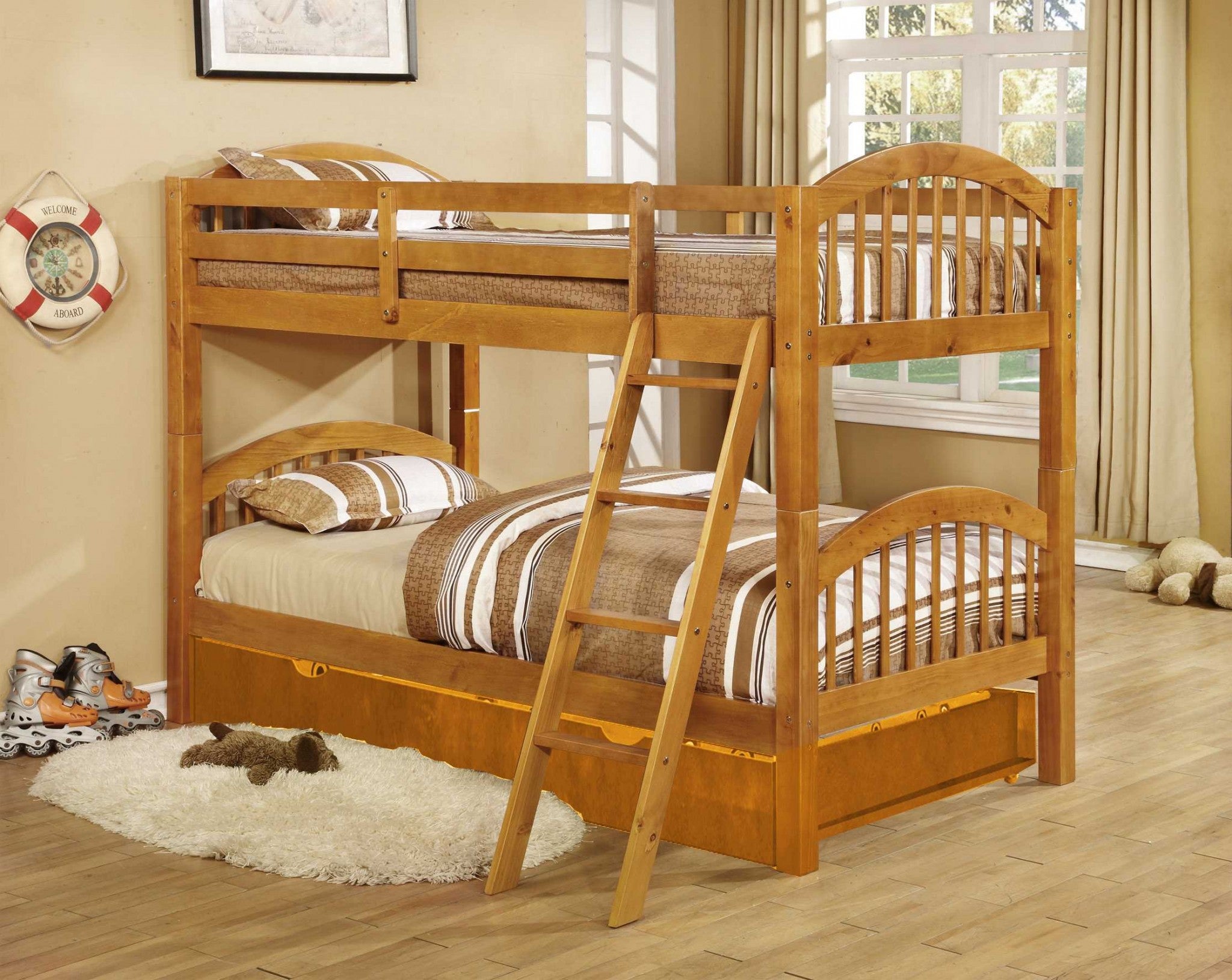 Natural Oak Finish Twin over Twin Arched Wood Bunk Bed with Trundle