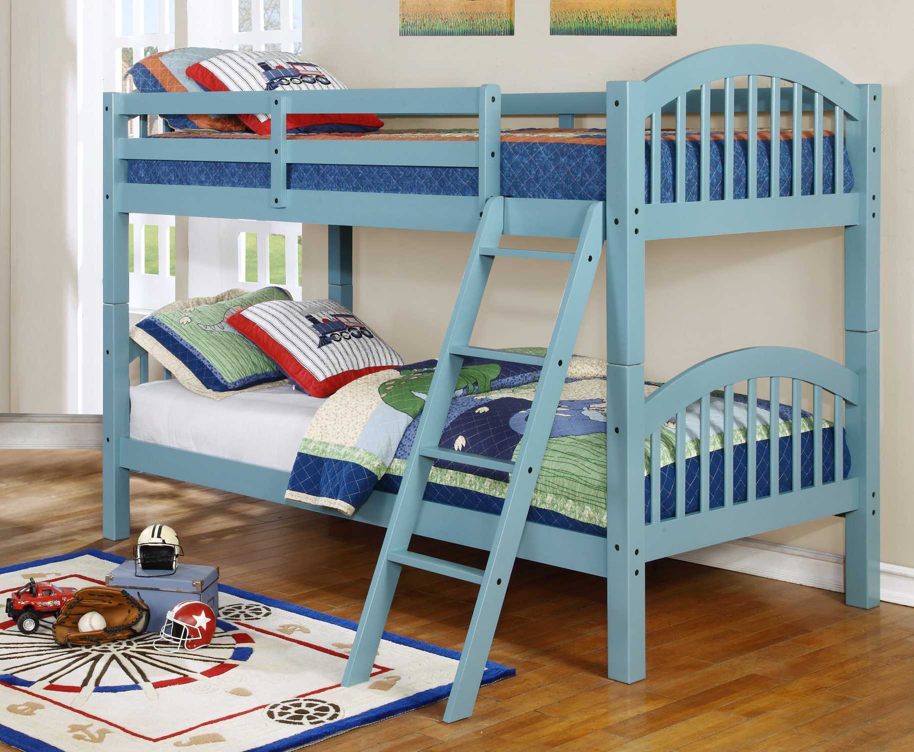 Traditional Blue Finish Twin over Twin Arched Wood Bunk Bed