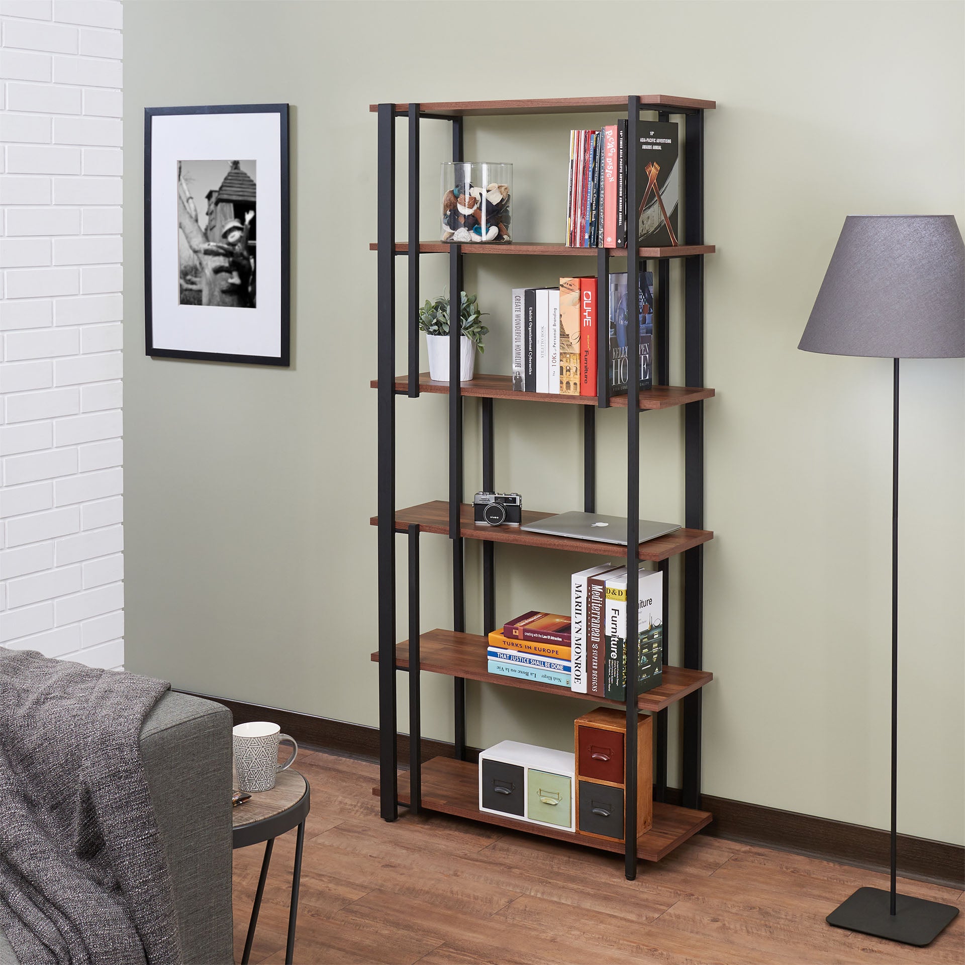 32' X 13' X 70' Walnut  Sandy Black Wood Bookshelf