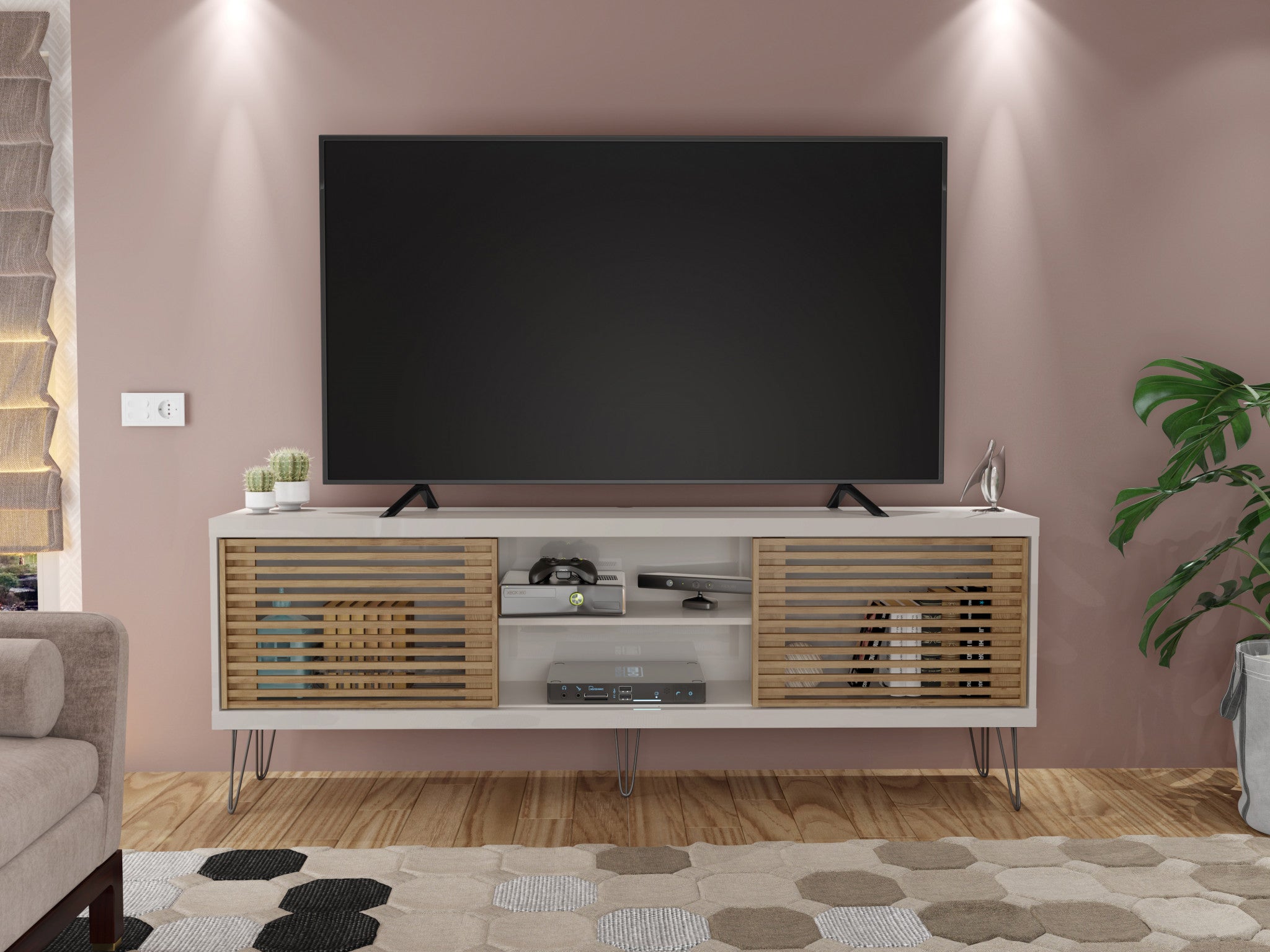 Farmhouse TV Stand With Metal Legs And Wood-Slat Sliding Doors 70 inch tv