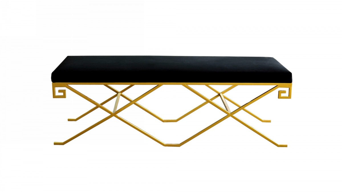 Rectangular Modern Black Velvet Bench with Champagne Gold Steel Frame