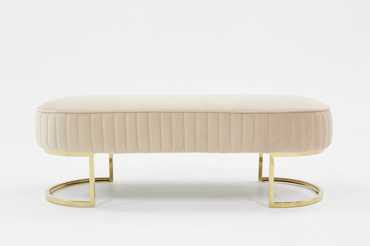 Oval Modern Beige Velvet Bench with Gold Crescent shaped base