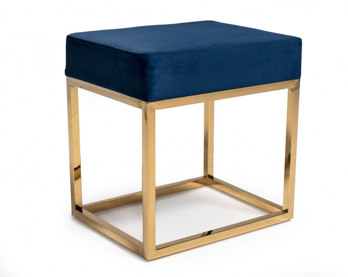 Square Modern Blue Velvet Ottoman with Gold Stainless Steel