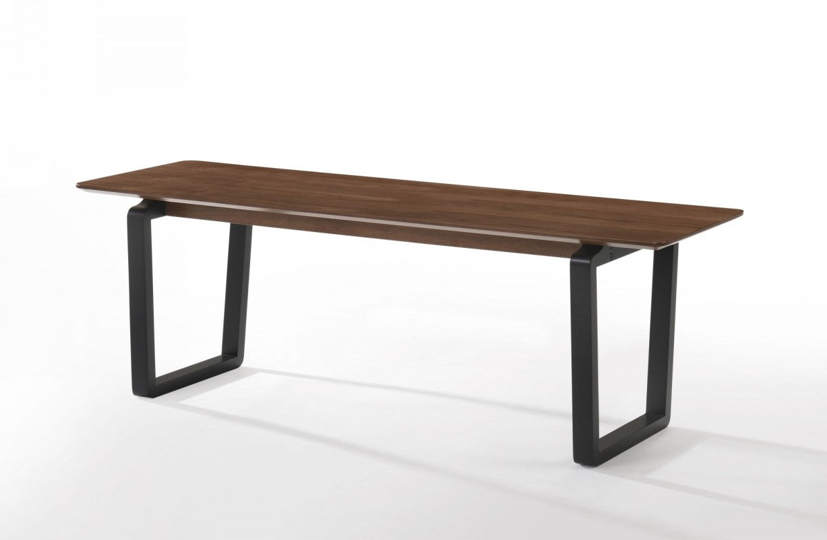 Rectangular Modern Walnut Finish Dining Bench with Black Metal U shaped legs