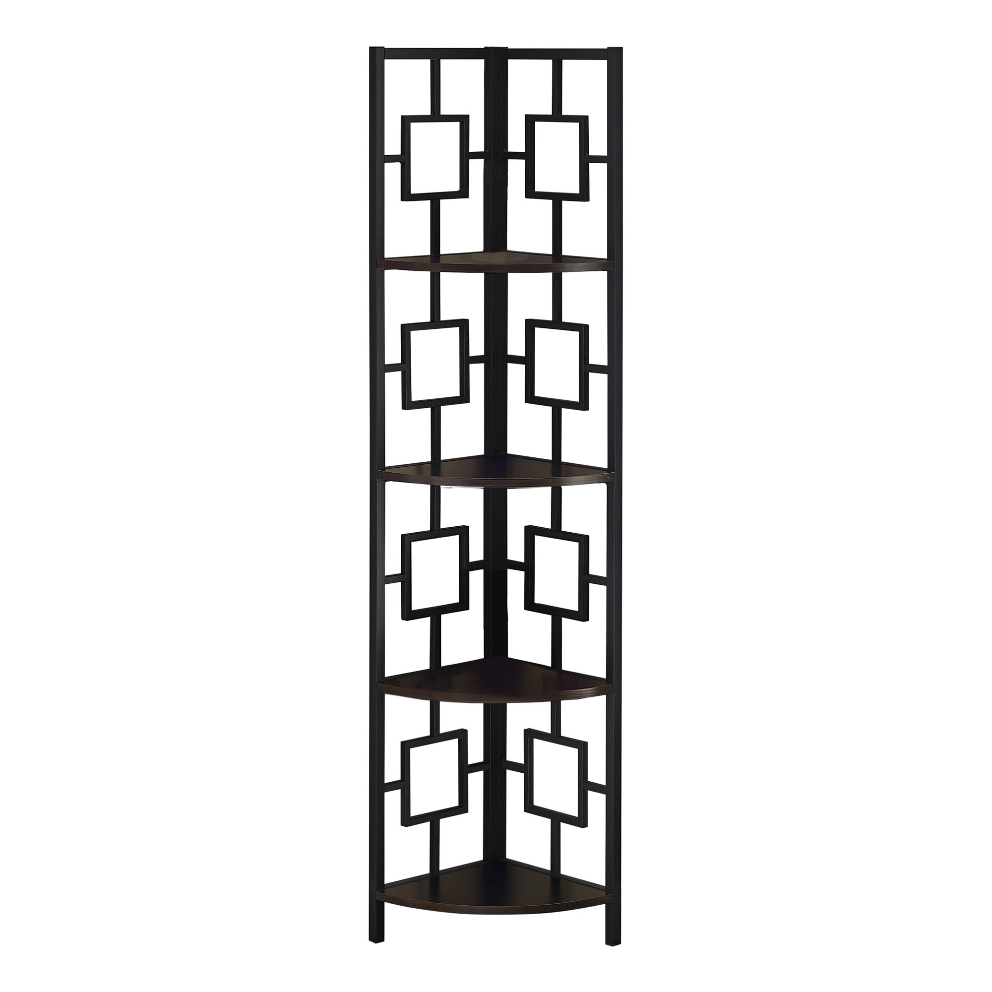 62" Bookcase EspressoandBlack Metal Corner Etagere with 4 shelves