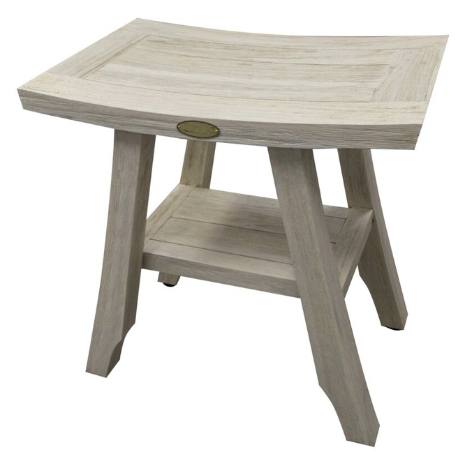 Compact Square Teak Shower Stool with Shelf in White Finish