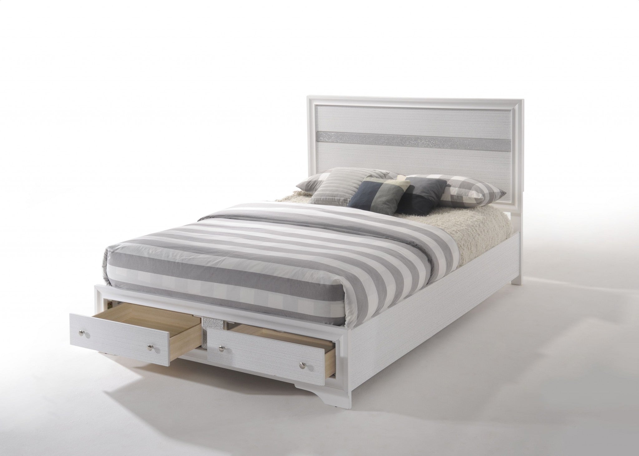 Contemporary White and Grey Queen Bed with Storage Footboard