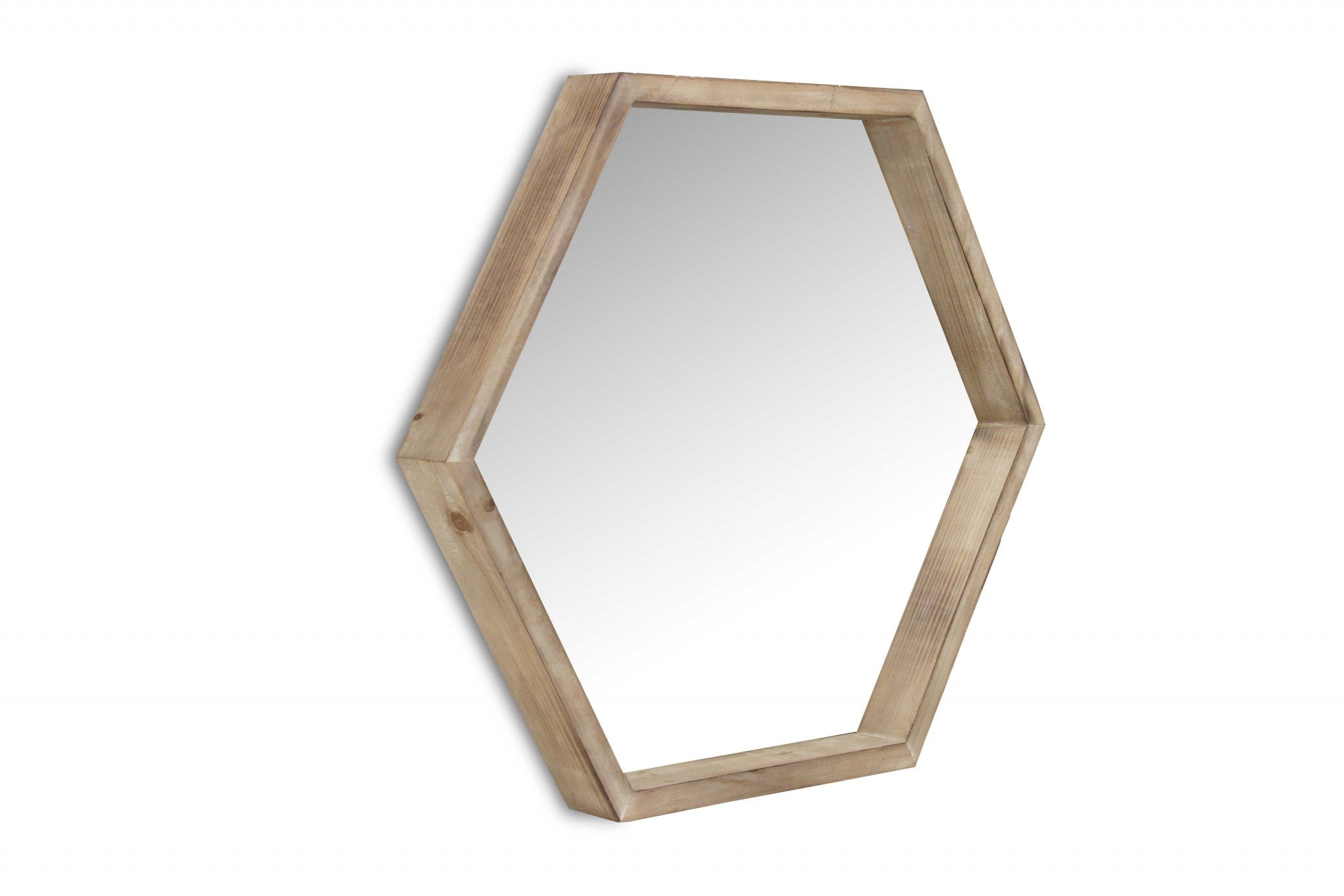 Modern Natural Wood Finish Hexagonal Wall Mirror