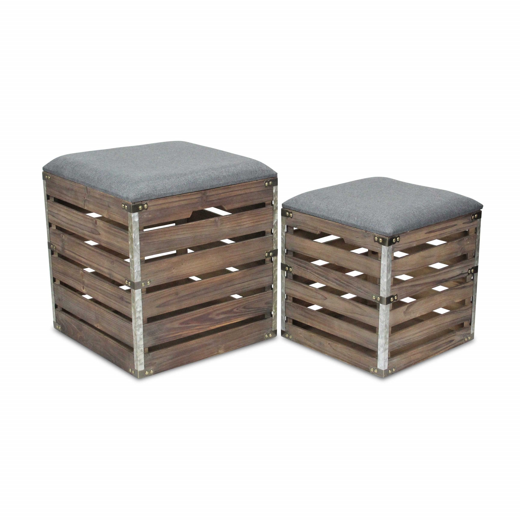 Set of 2 Square Gray Linen Fabric and Wood Slats Storage Benches