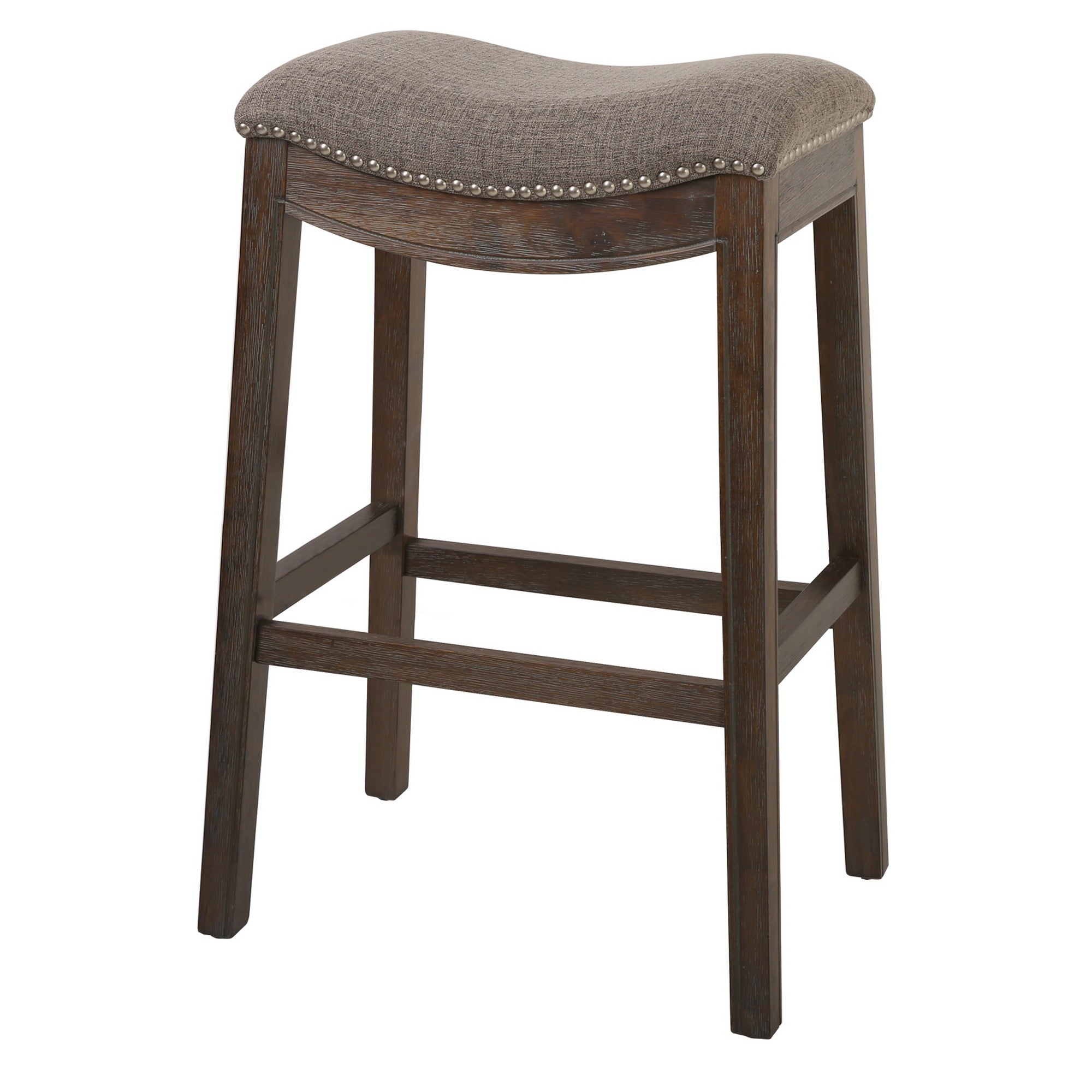 Bar Height Saddle Style Counter Stool with Taupe Fabric and Nail head Trim