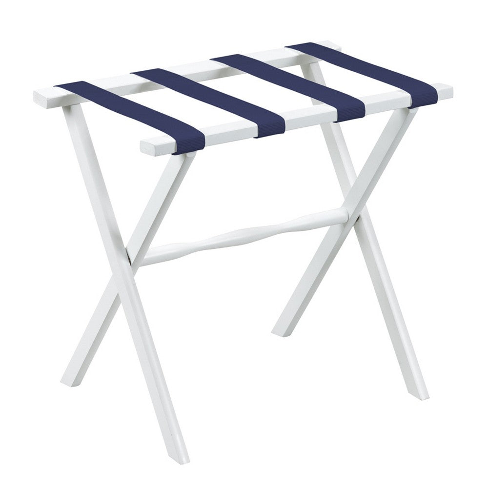 Hotel White Finish Wood Folding Luggage Rack with Navy Straps